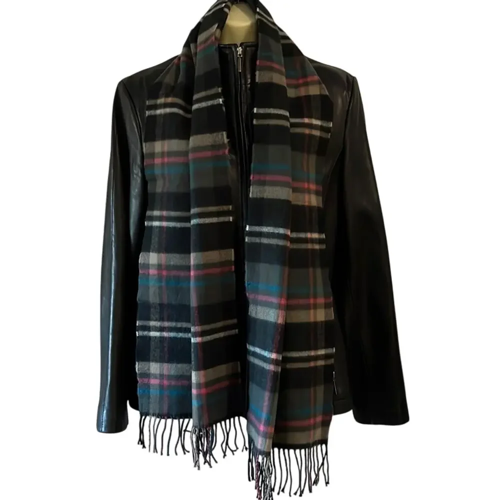 Multicolor Plaid Wool Scarf with Fringe Soft Cozy Warm Winter 70